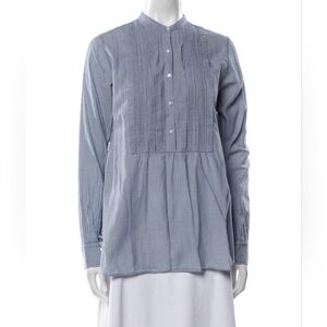 Nili Lotan Tuxedo Pleated Mock Neck 100% Cotton Blouse in Blue Pinstripe